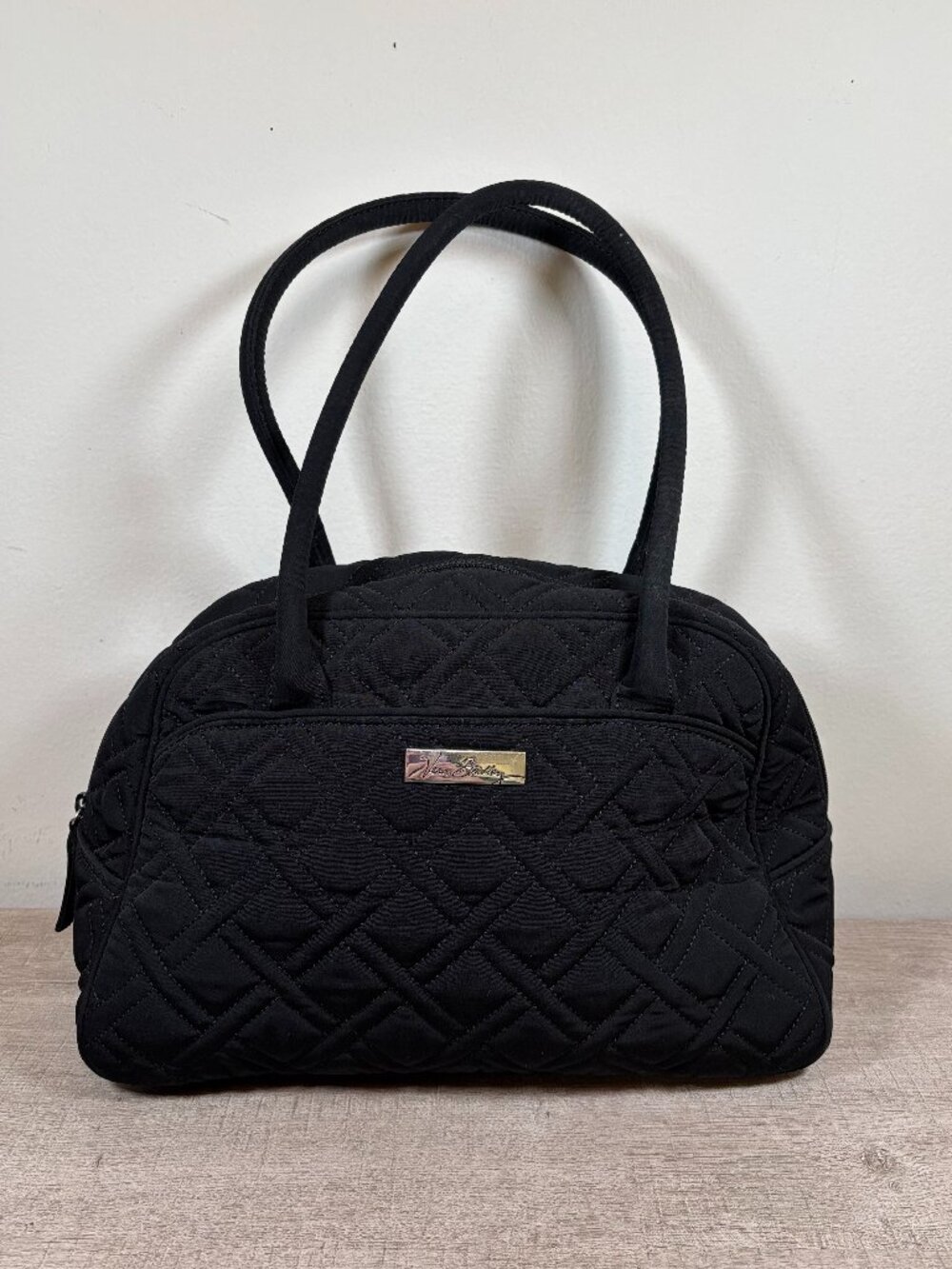 Vera Bradley Classic Black Quilted Microfiber Travel Makeup Bowler Bag  Tote